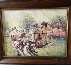 VTG Framed Farm Scene Lithograph Print Rustic Barn Stone House Country Decor